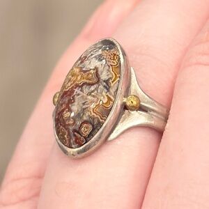 Vintage Navajo Jasper Atlas Ring, Sterling Silver 14K Fred Harvey Era Size 7.25